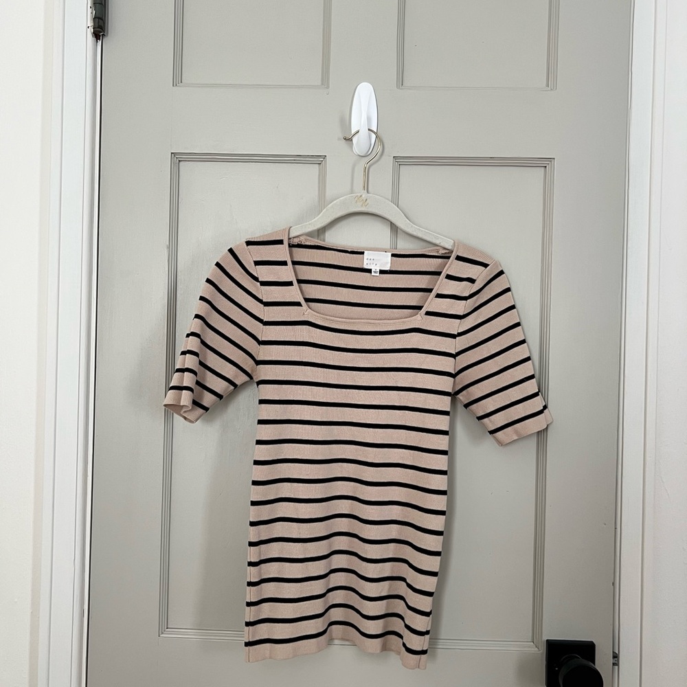 Dee Elly Striped Beige and Black Square Neck Top Women's Top
